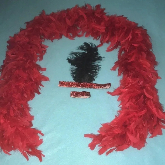 Red Boa costume set sparkly headband with plume and wristband roaring twenties - Picture 1 of 3